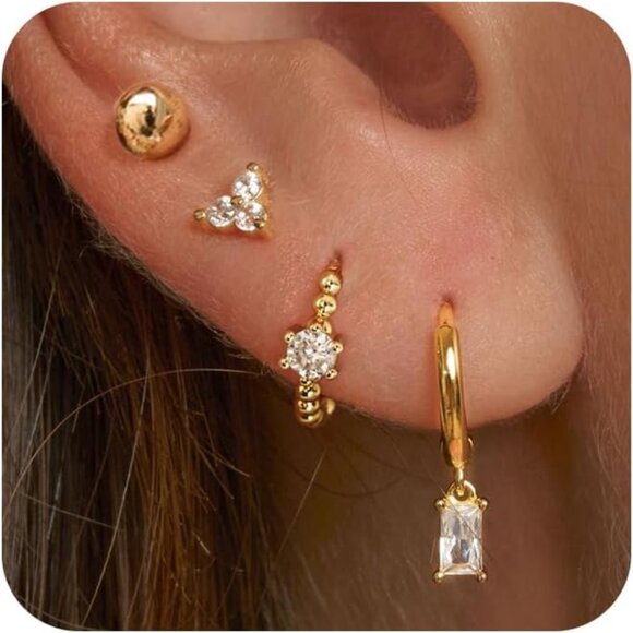 Women Trendy 14k Gold Hoop Earrings Cartilage Earring Set Cubic Zirconia Hoops - Picture 1 of 8